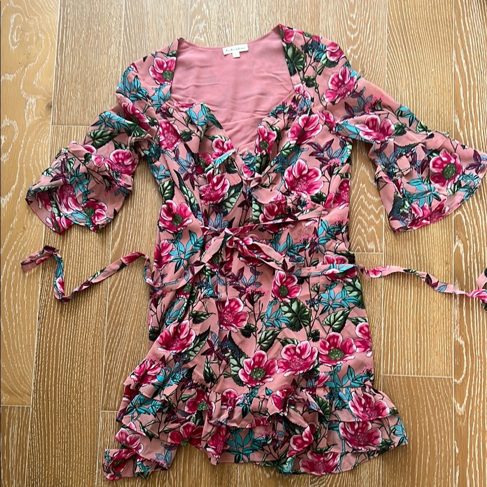For Love and Lemons Floral Wrap Dress with Ruffle Details, M